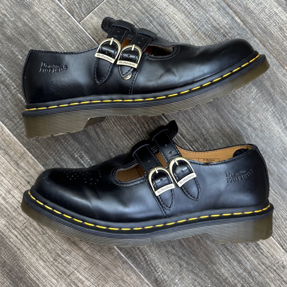 Dr. Martens Black Leather Double-Buckle Mary Jane Shoes with Yellow Stitching